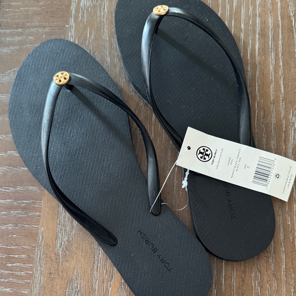 Tory Burch Black Sandals with Gold Logo